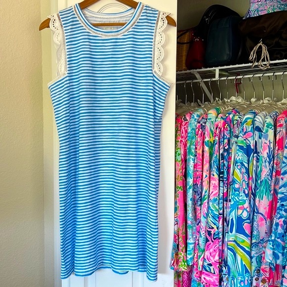 Lilly Pulitzer Dresses & Skirts - NWOT Lilly Pulitzer Agee Dress Zanzibar Blue Beach Happy Print Eyelet Trim